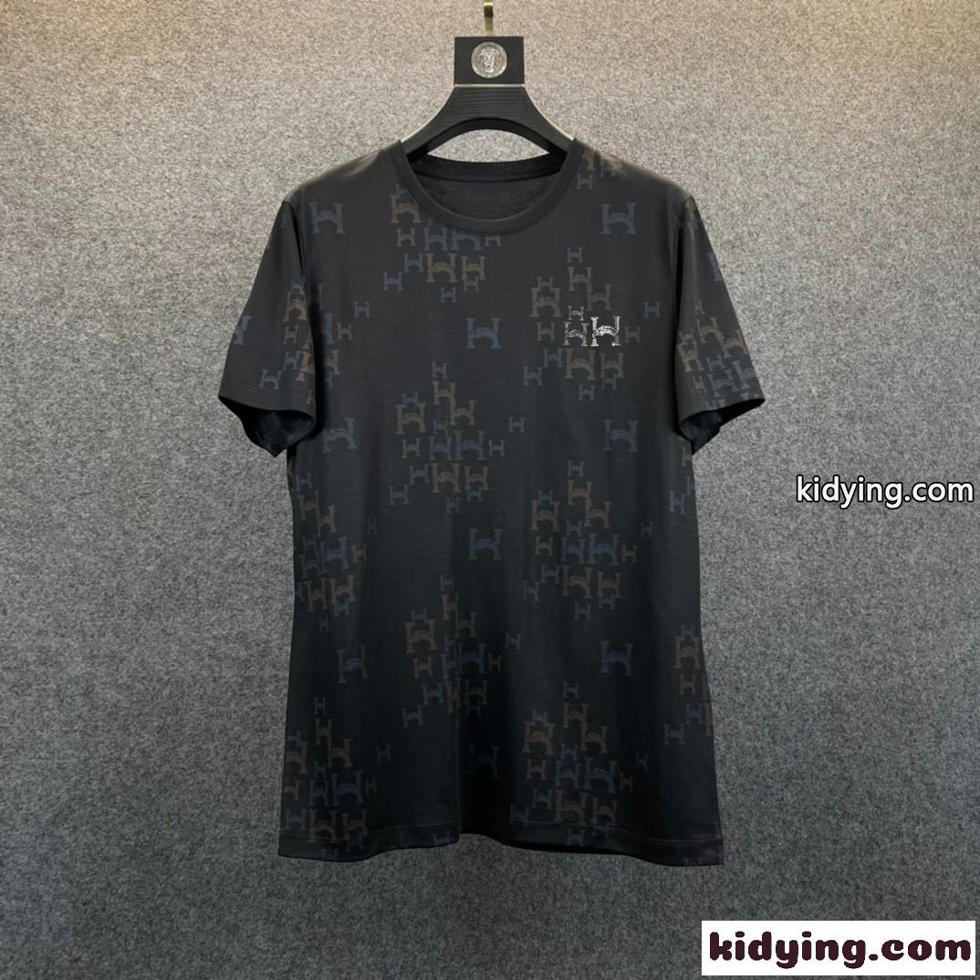 定番 シンプル 合わせやすい ラウンドネック 柔らかい ストレッチ エルメス Tシャツ コピー メンズ 半袖Tシャツ ブラック-2