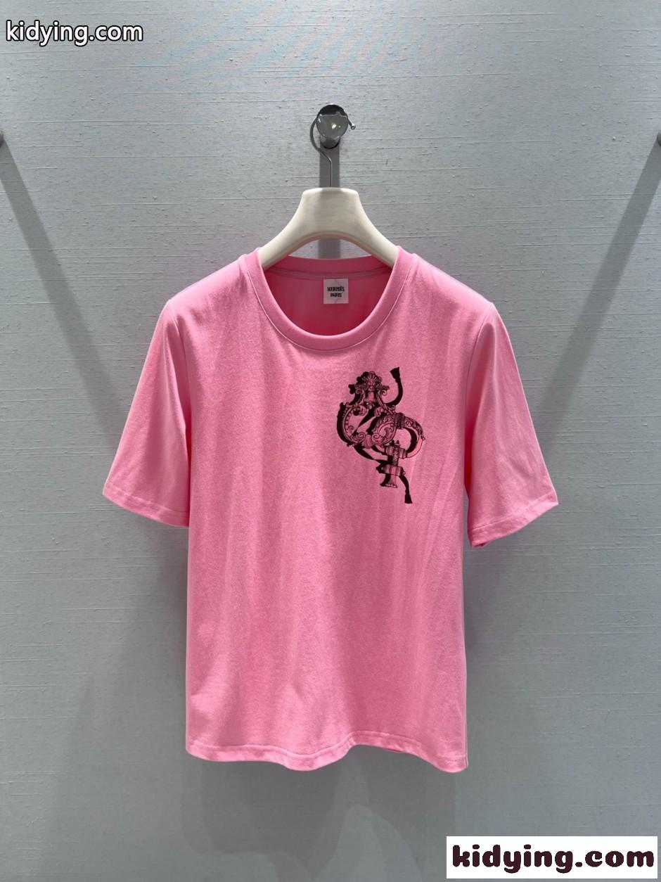 コットン プリント 半袖Tシャツ エルメス Tシャツ コピー クルーネック ピンク-1