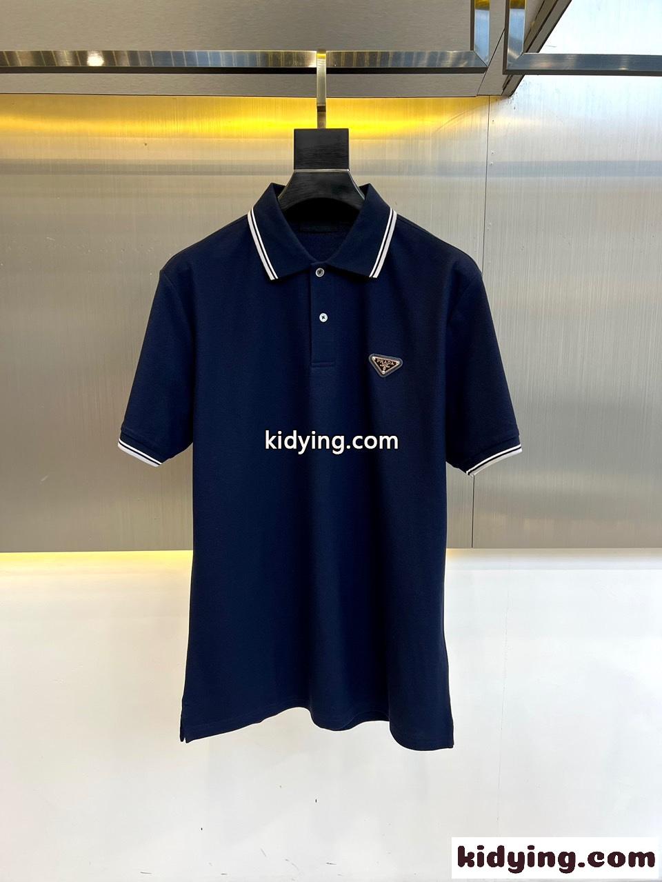 プラダ 半袖Tシャツ コピー トライアングルロゴ付 コットンピケ ポロシャツ ネイビー-0