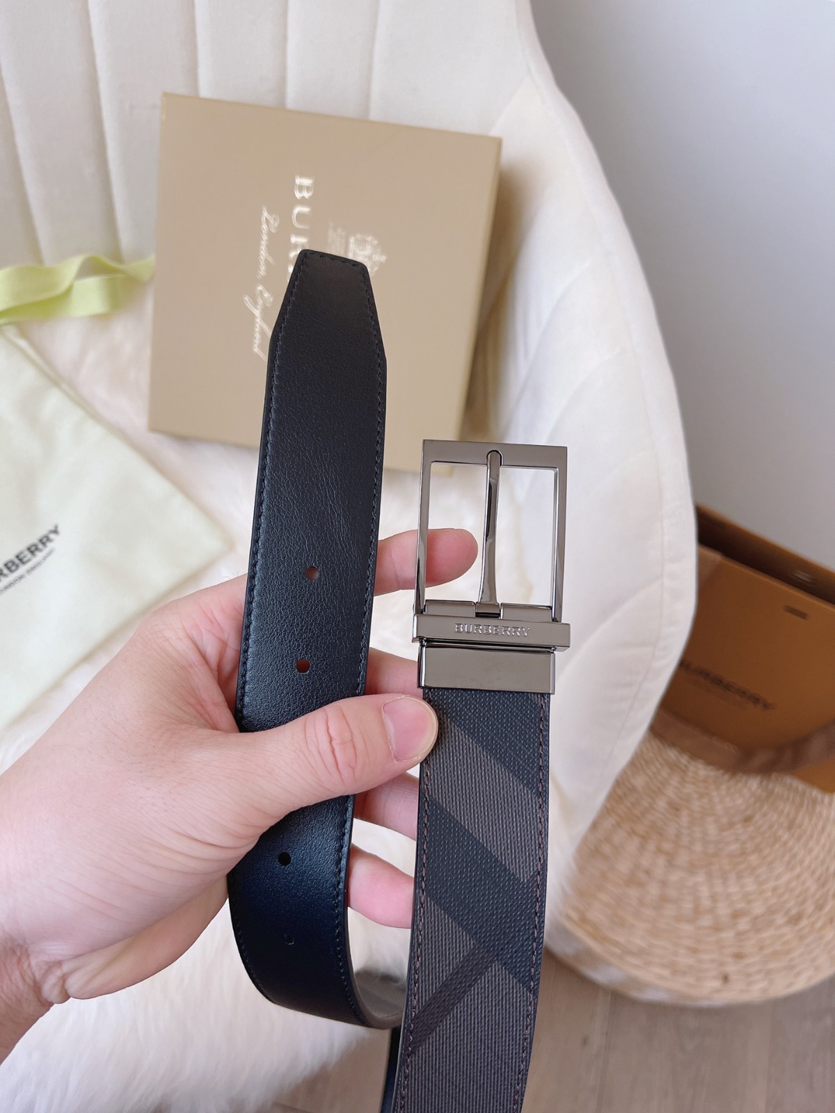 合わせやすい リバーシブル バーバリー ベルト コピー チェックベルト-3