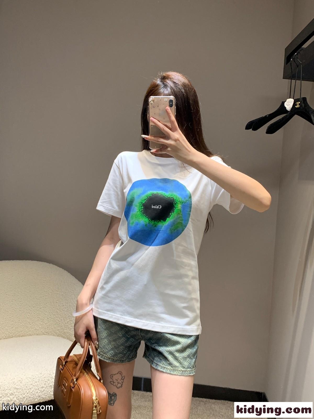 24SS 春夏 プリント 半袖Tシャツ クロエ Tシャツ コピー クルーネック-3