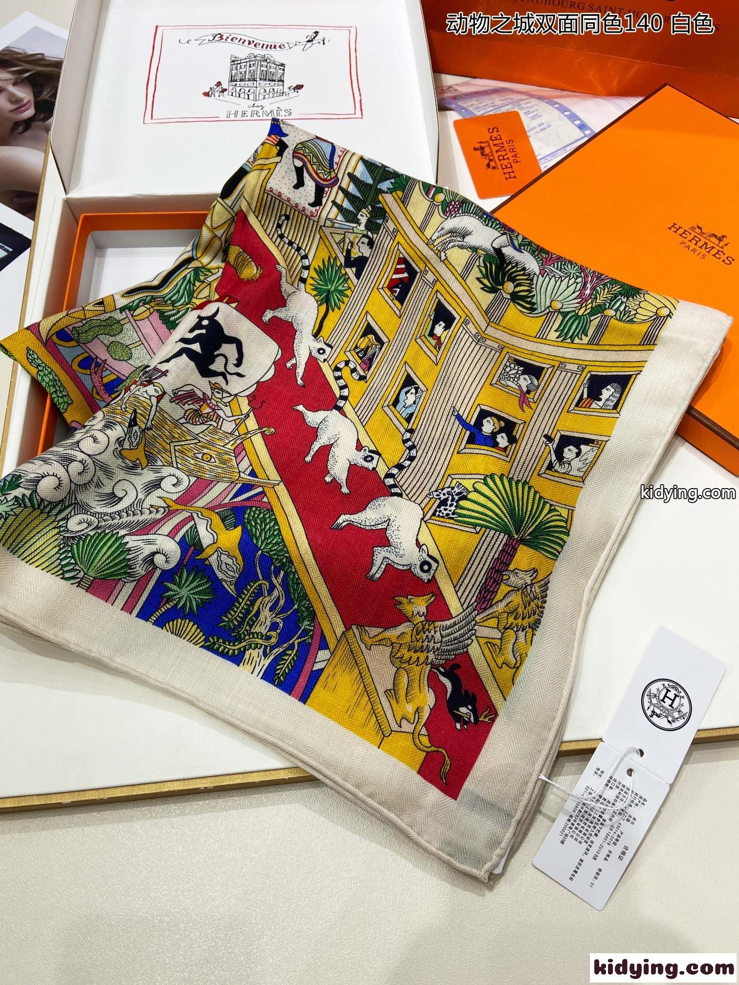 カレ140 ショール シルク＆カシミヤ Animapolis エルメス スカーフ コピー 140cm*140cm ホワイト-2