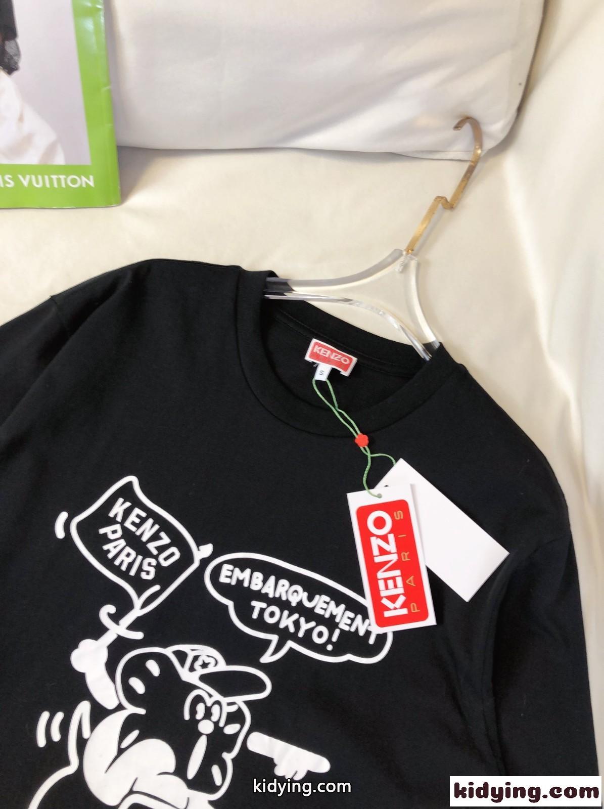 可愛い おしゃれ プリント クルーネック コットン 半袖Tシャツ ケンゾー Tシャツ コピー ブラック-0
