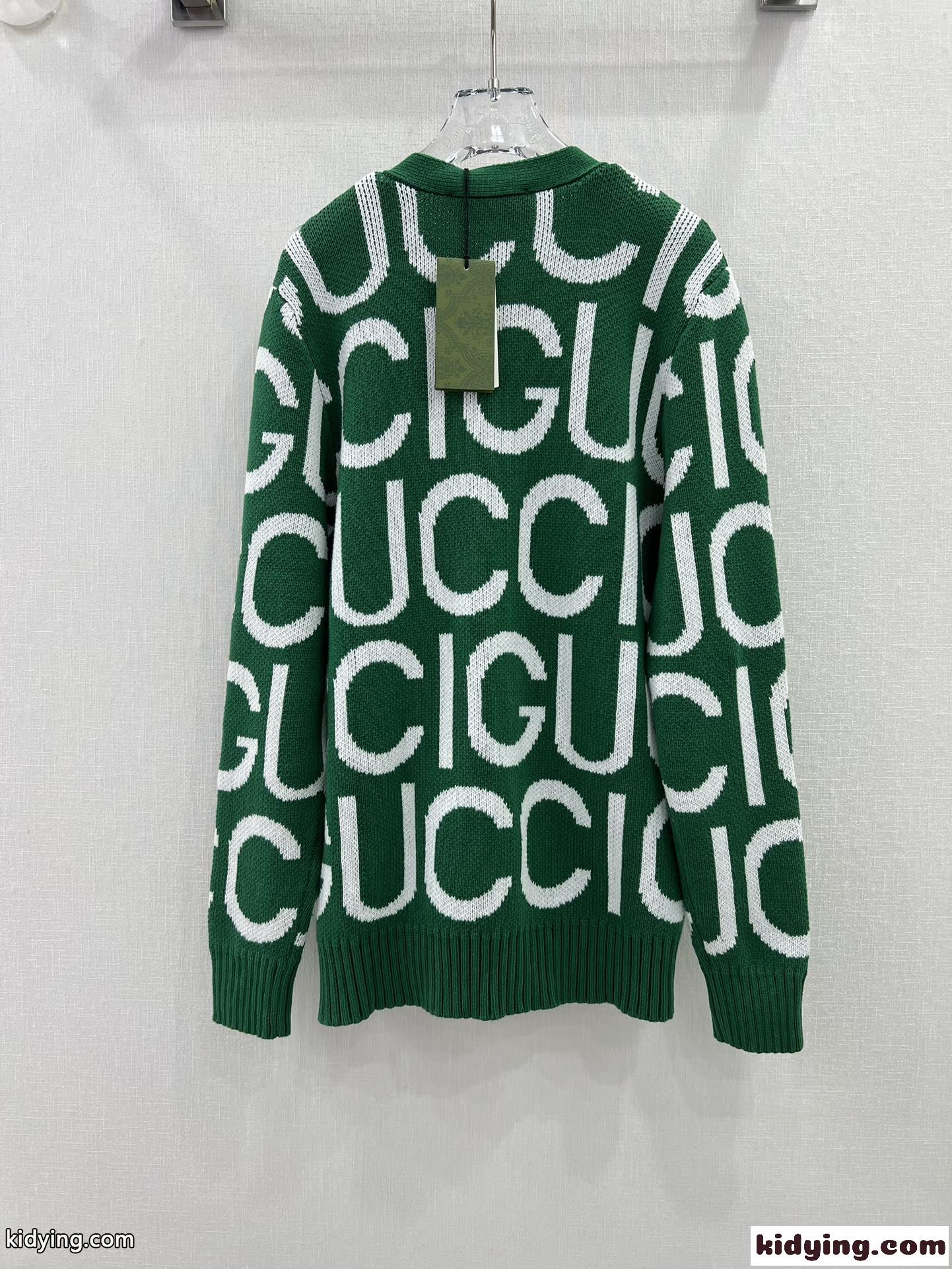 GUCCI インターシャ ウール カーディガン グッチ ニット コピー ユニセックス グリーン-2