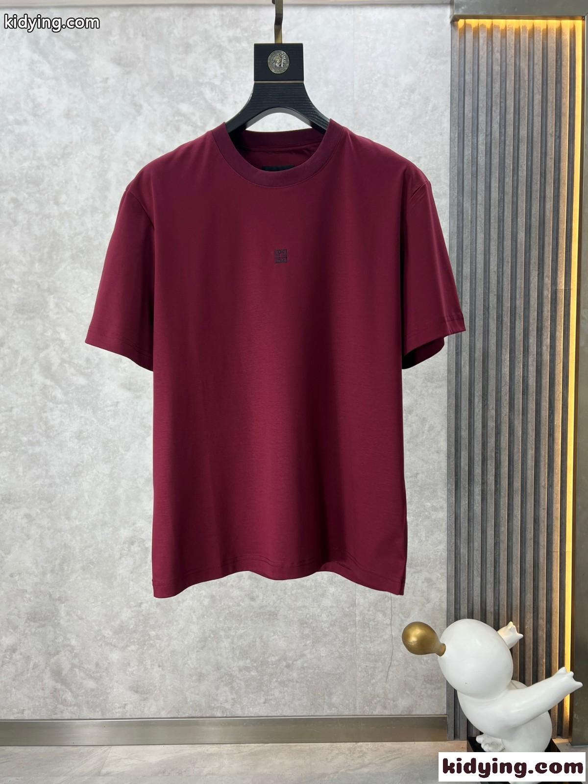 シンプル 4G 刺繍入り ジバンシィ Tシャツ 偽物 コットン 半袖Tシャツ ワイン-1