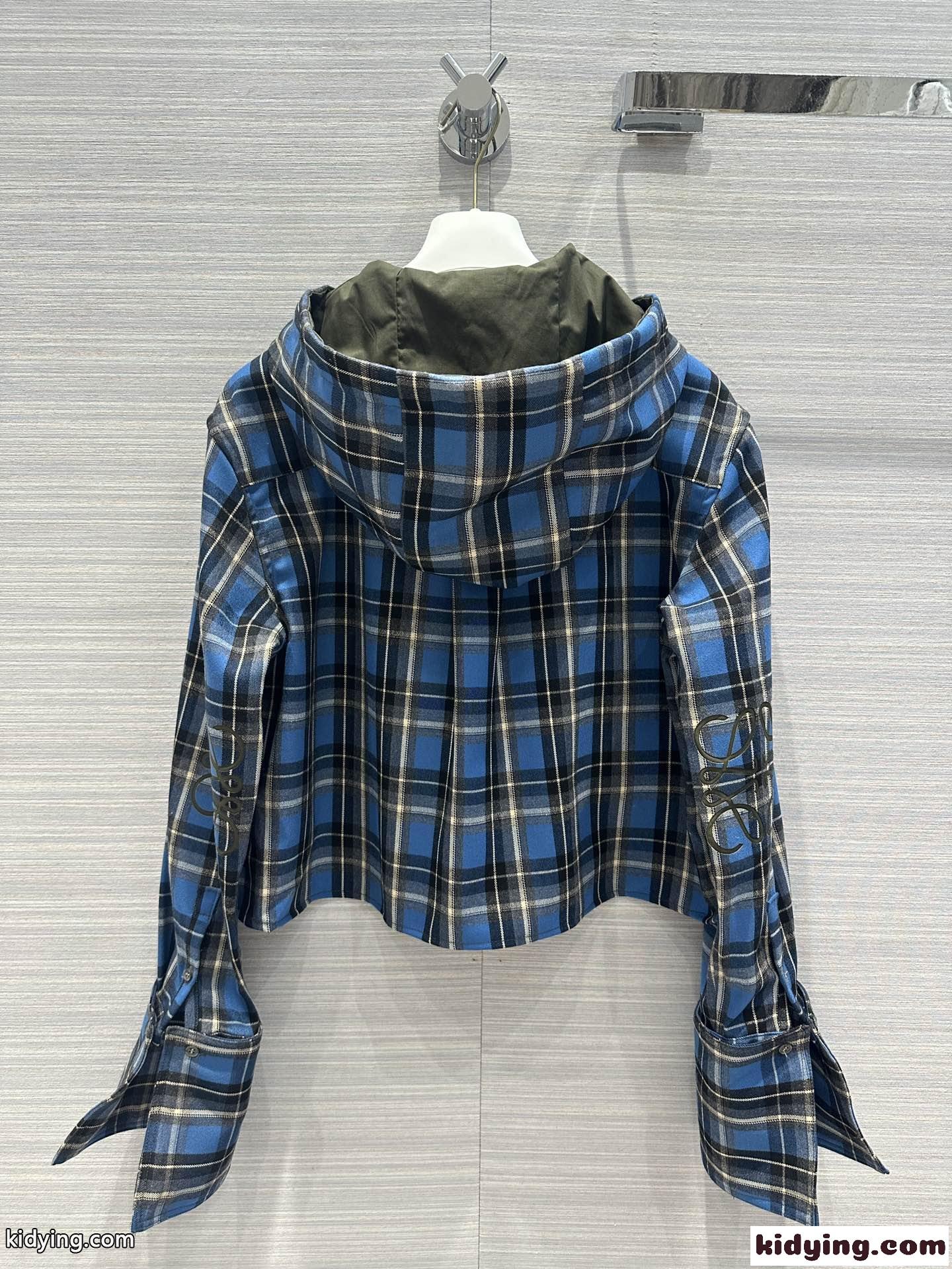チェック柄 クロップド フーデッド シャツ ロエベ シャツ コピー ウールブレンド-3