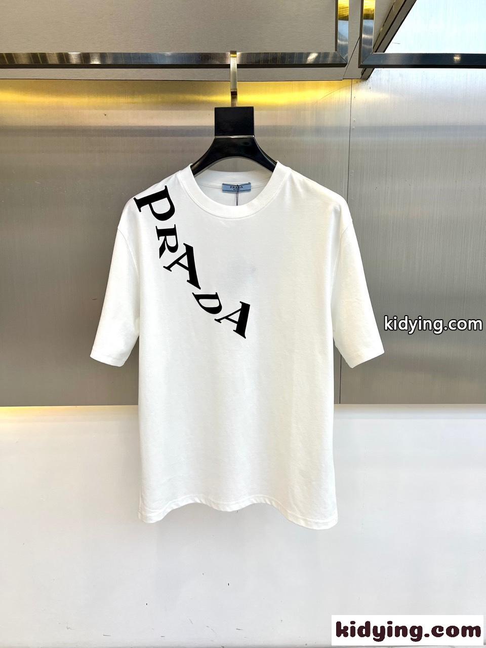シンプル ロゴプリント 半袖Tシャツ プラダ Tシャツ 偽物 クルーネック ホワイト-0