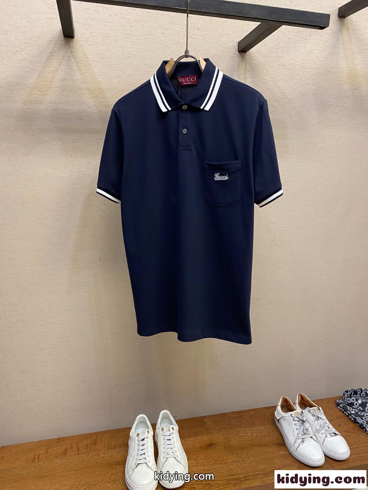 カジュアル コットン 半袖 ポロシャツ グッチ Tシャツ コピー メンズ トップス ネイビー-1