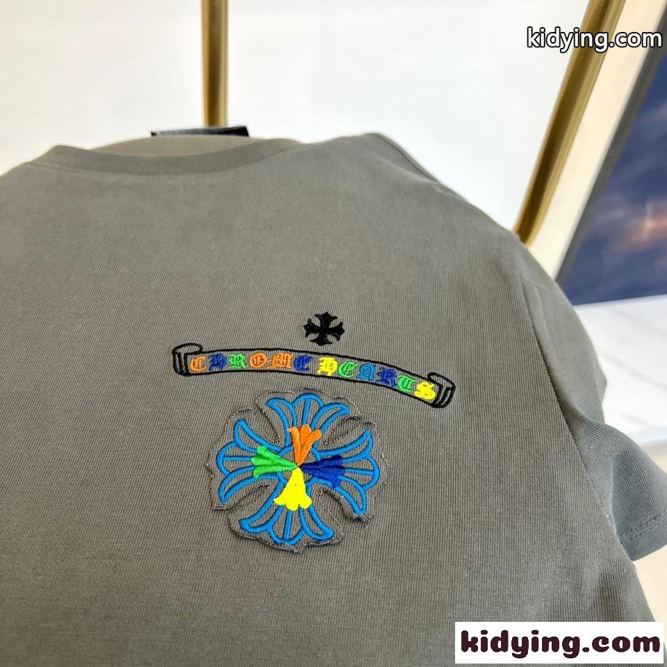 マルチカラー刺繍入り クロムハーツ 半袖Tシャツ コピー クルーネック グレー-3