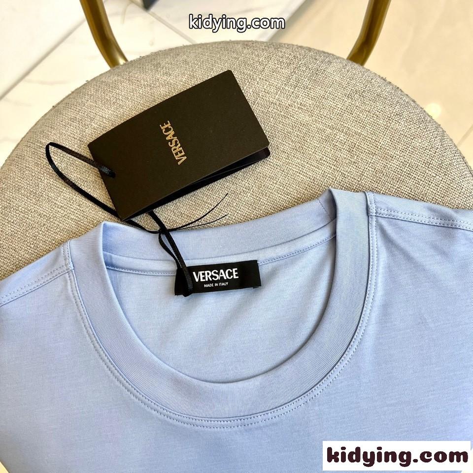 シンプル メドゥーサ刺繍 半袖Tシャツ ヴェルサーチェ Tシャツ コピー クルーネック ブルー-2