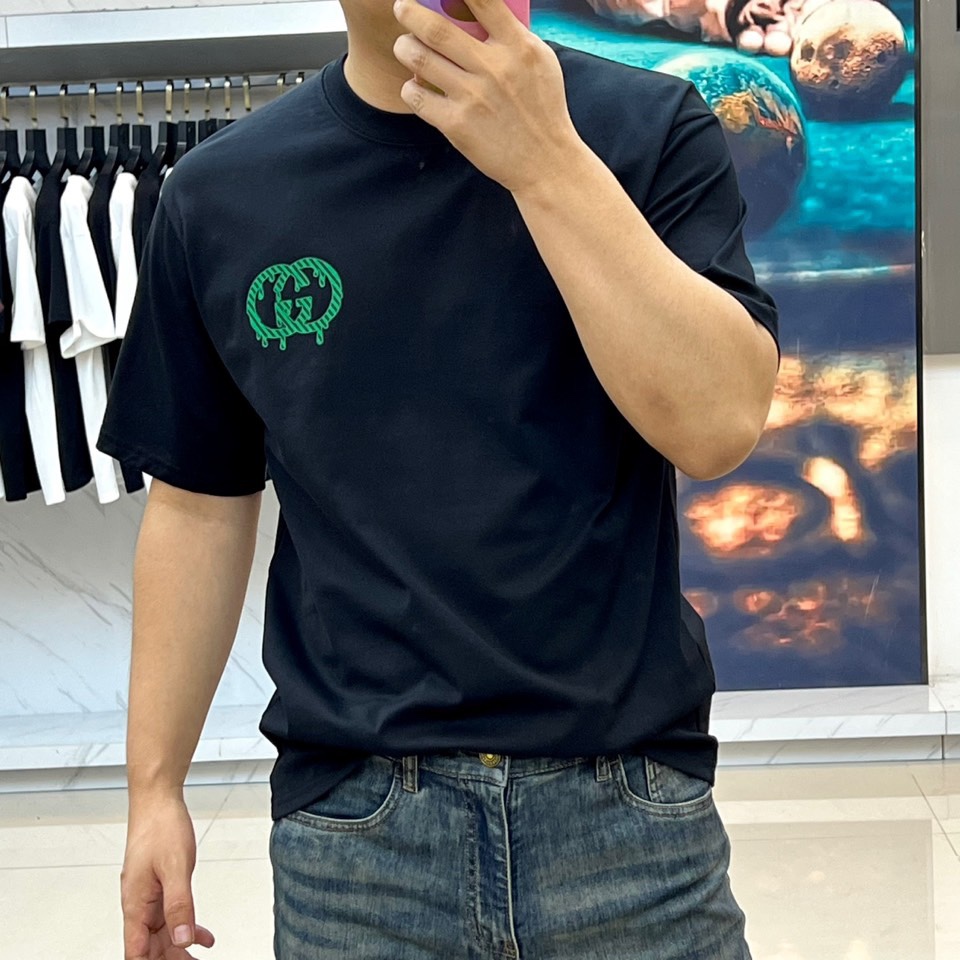 定番 カジュアル ロゴプリント グッチ Tシャツ 偽物 クルーネック ブラック-1