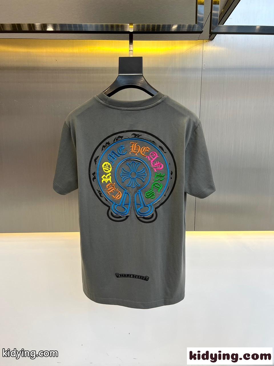 マルチカラー刺繍入り クロムハーツ 半袖Tシャツ コピー クルーネック グレー-4