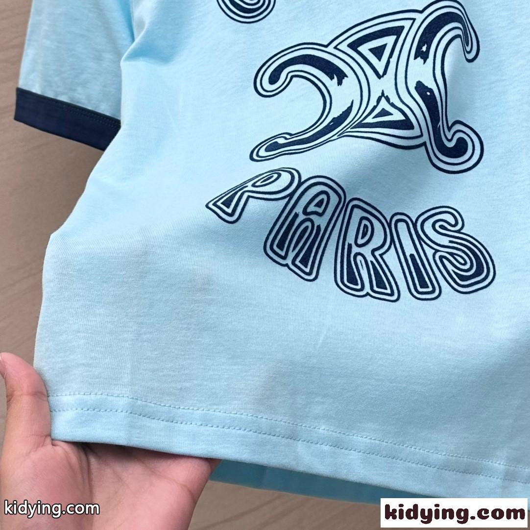 定番 人気 ロゴ クルーネック 半袖Tシャツ セリーヌ Tシャツ コピー ブルー-3