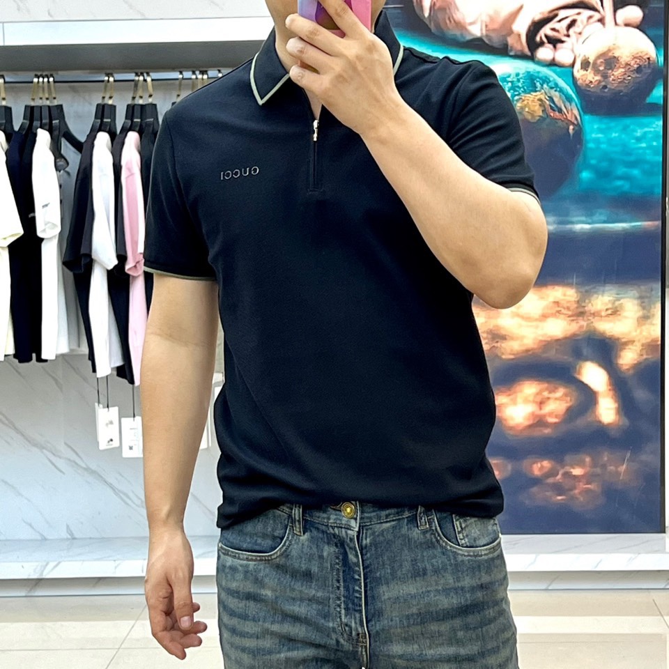 コットンピケ ハーフジップ ポロシャツ グッチ Tシャツ コピー ブラック-2