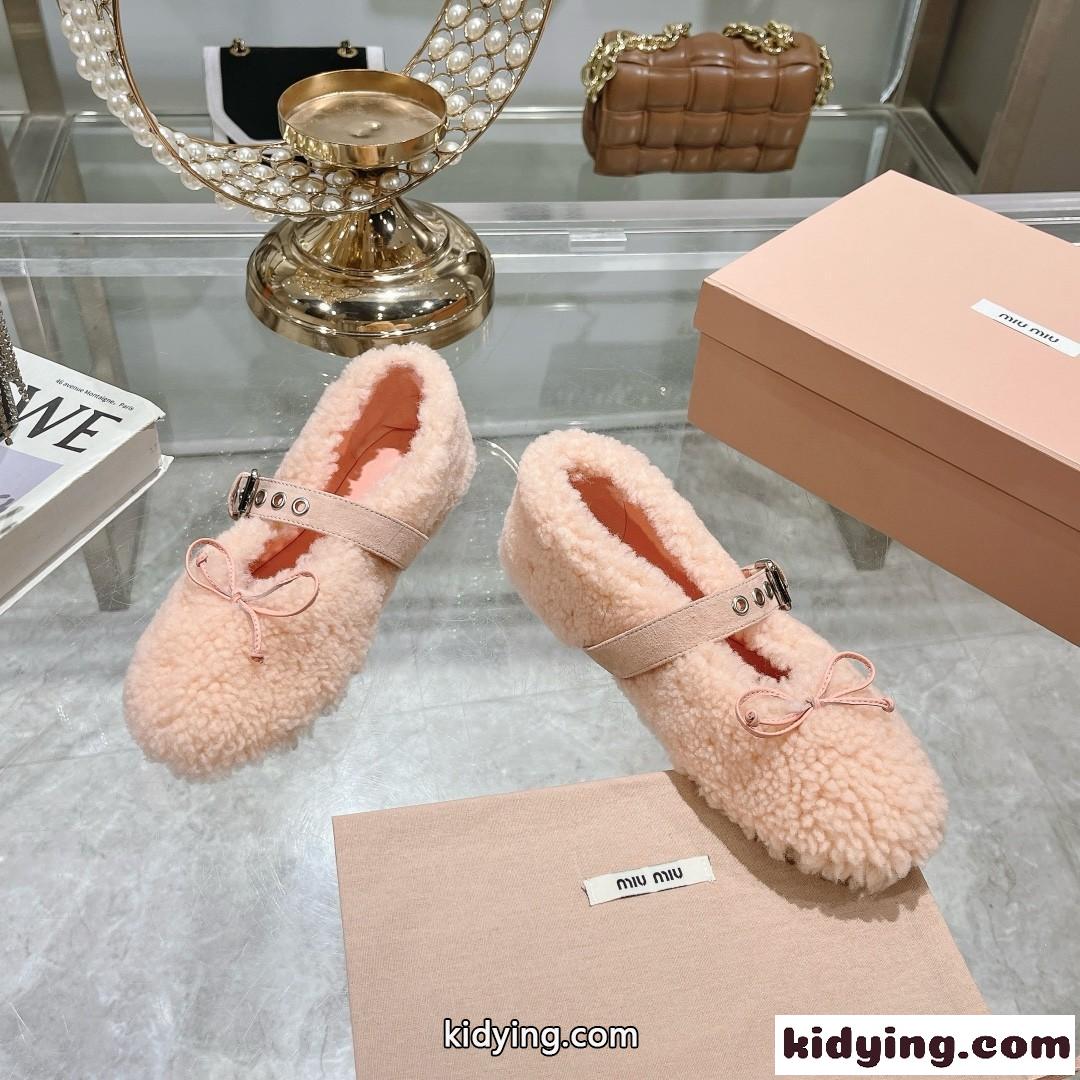シープスキン フラット バレリーナシューズ ミュウミュウ シューズ スーパーコピー ピンク-2