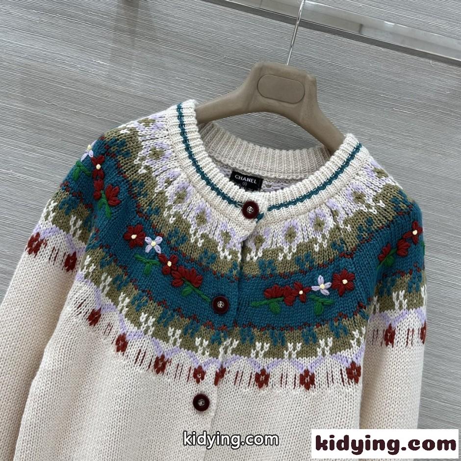 フェアアイル＆フラワー刺繍 クルーネック ニットカーディガン シャネル ニット コピー-1