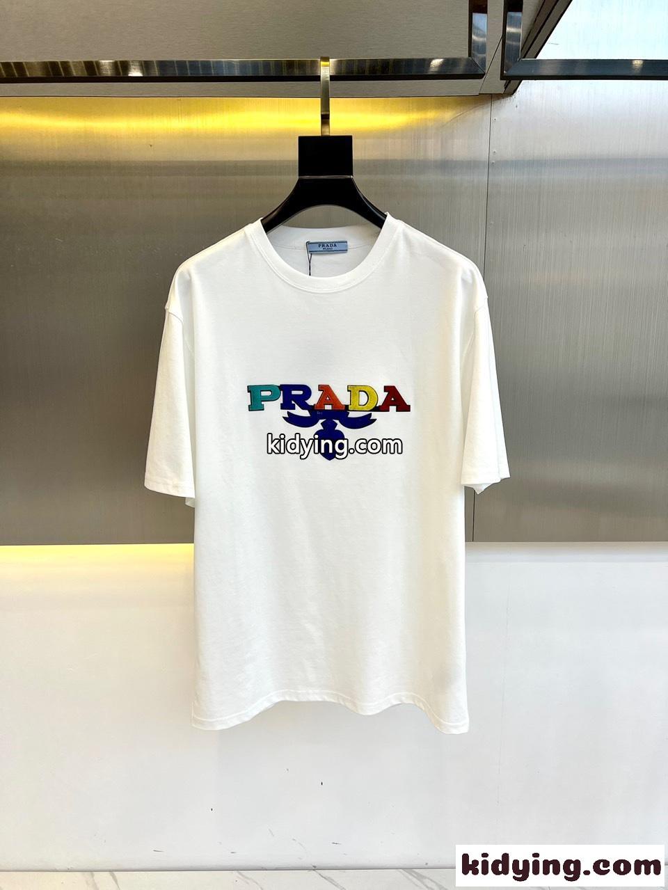 ロゴ入り クルーネック 半袖Tシャツ プラダ Tシャツ コピー コットン ホワイト-1