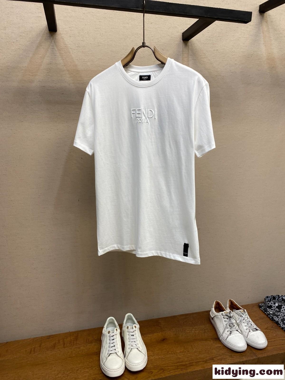 シンプル ロゴ刺繍 フェンディ Tシャツ コピー コットン クルーネック ホワイト-1