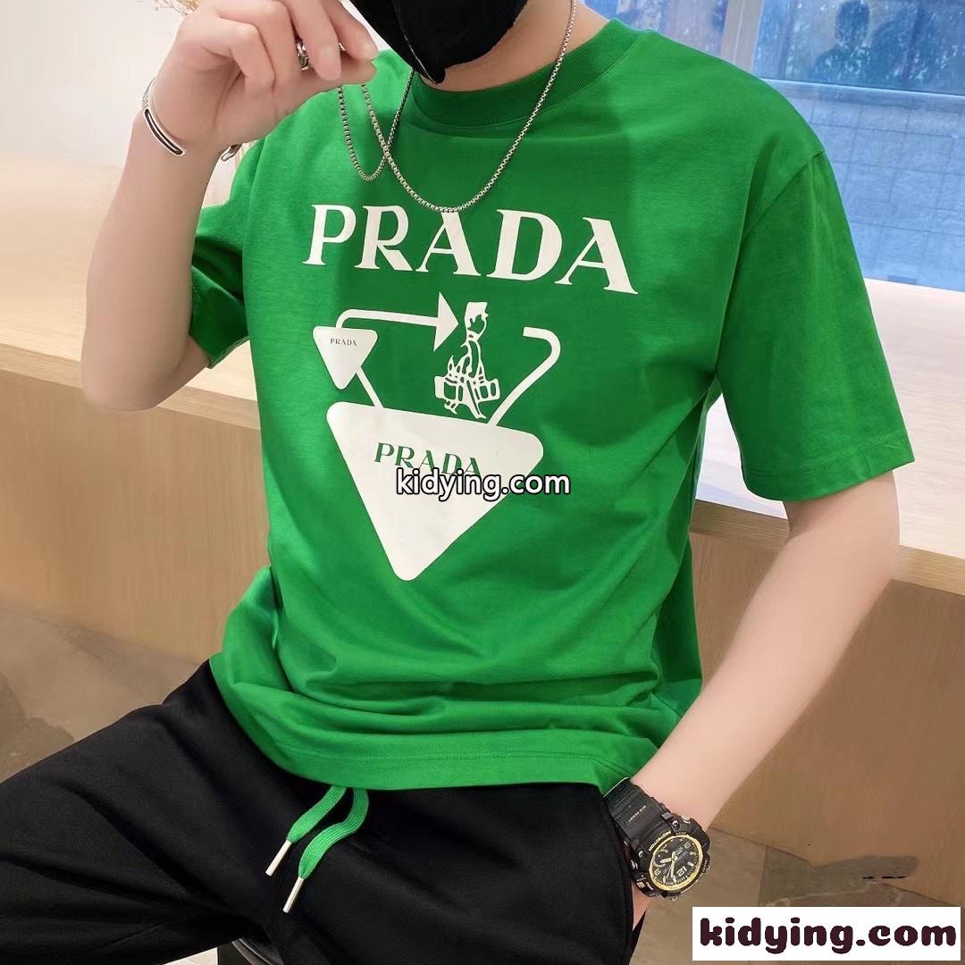 シンプル 2022春夏新作 プラダ 半袖tシャツ コピー  ラウンドネック プリント カジュアル メンズ コットン グリーン-4