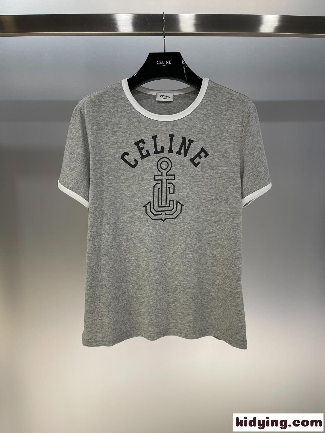 カジュアル コットン 半袖Tシャツ セリーヌ Tシャツ コピー クルーネック グレー-0