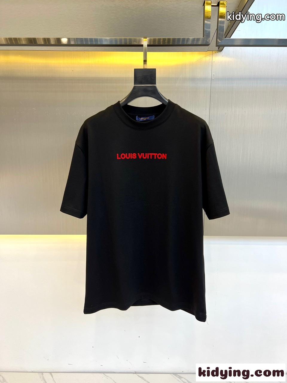 カジュアル シンプル コットン 半袖Tシャツ ルイ・ヴィトン Tシャツ コピー ブラック-0