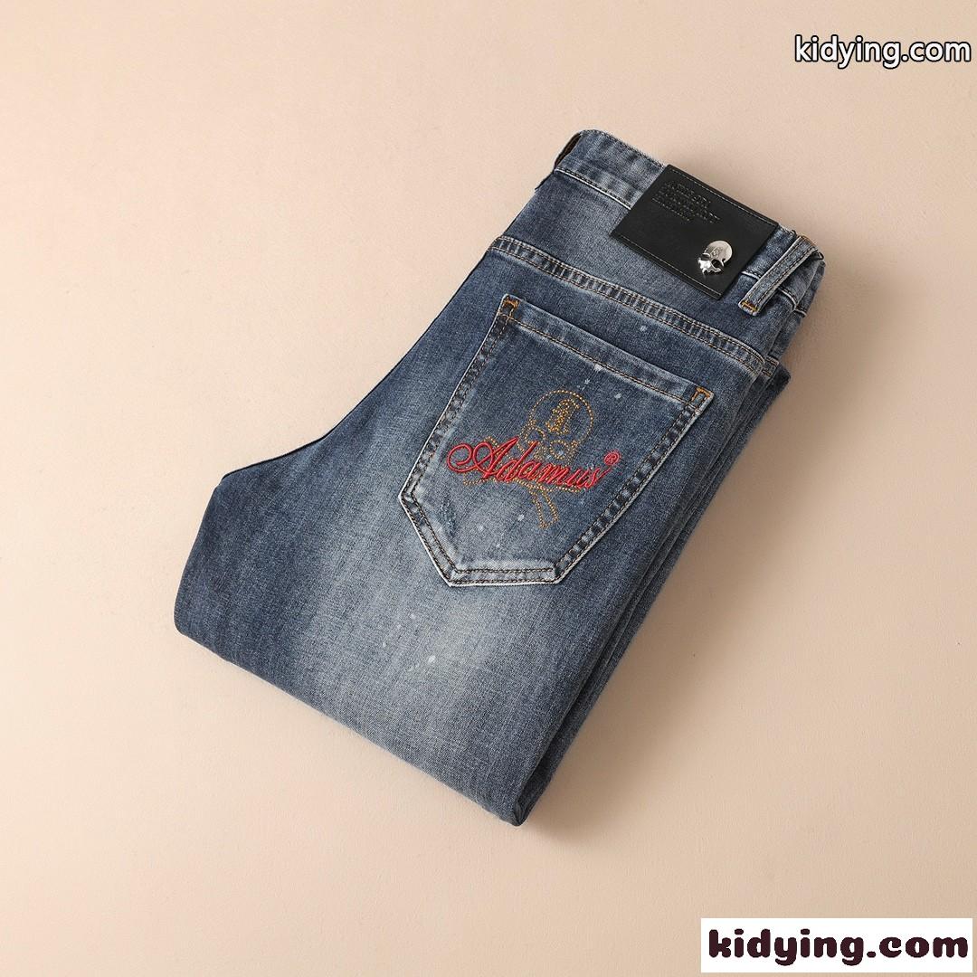 メンズ デニムパンツ 刺繍 おしゃれ カジュアル 着心地いい ダメージ ウォッシュ加工 マスターマインド・ジャパン ジーンズ コピー-0