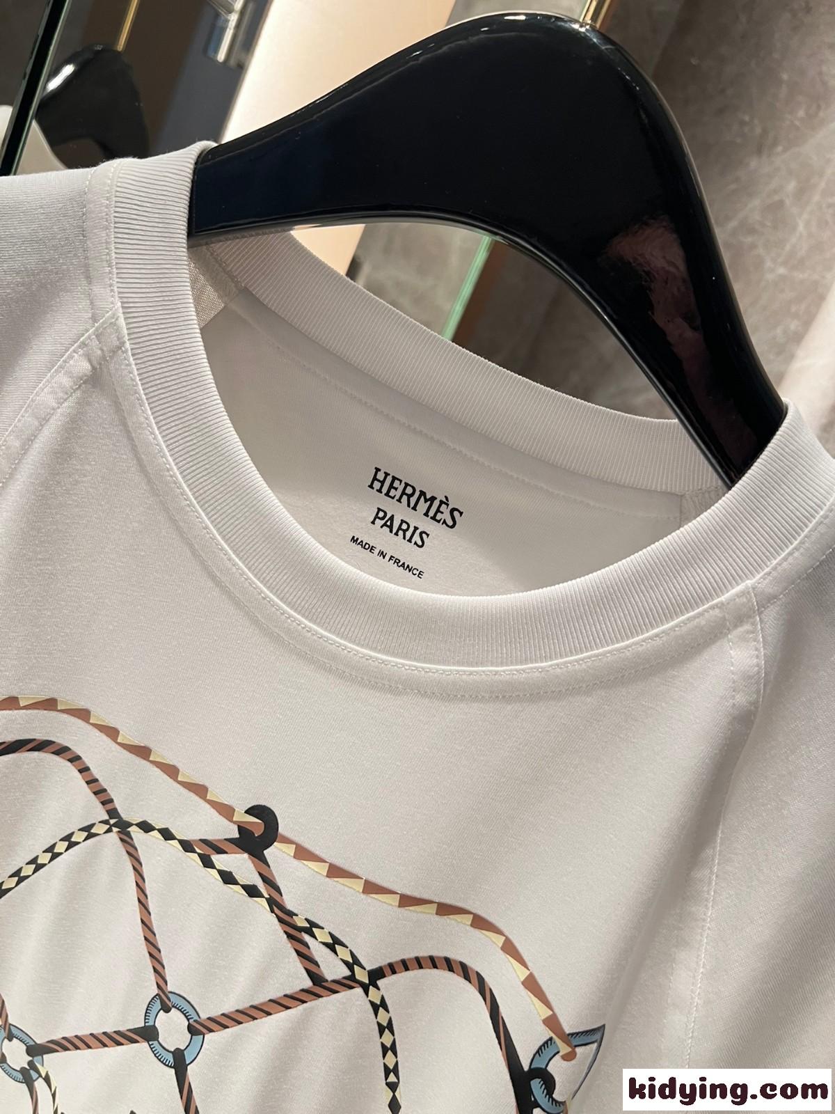 プリント コットン 半袖Tシャツ エルメス Tシャツ コピー ホワイト-2