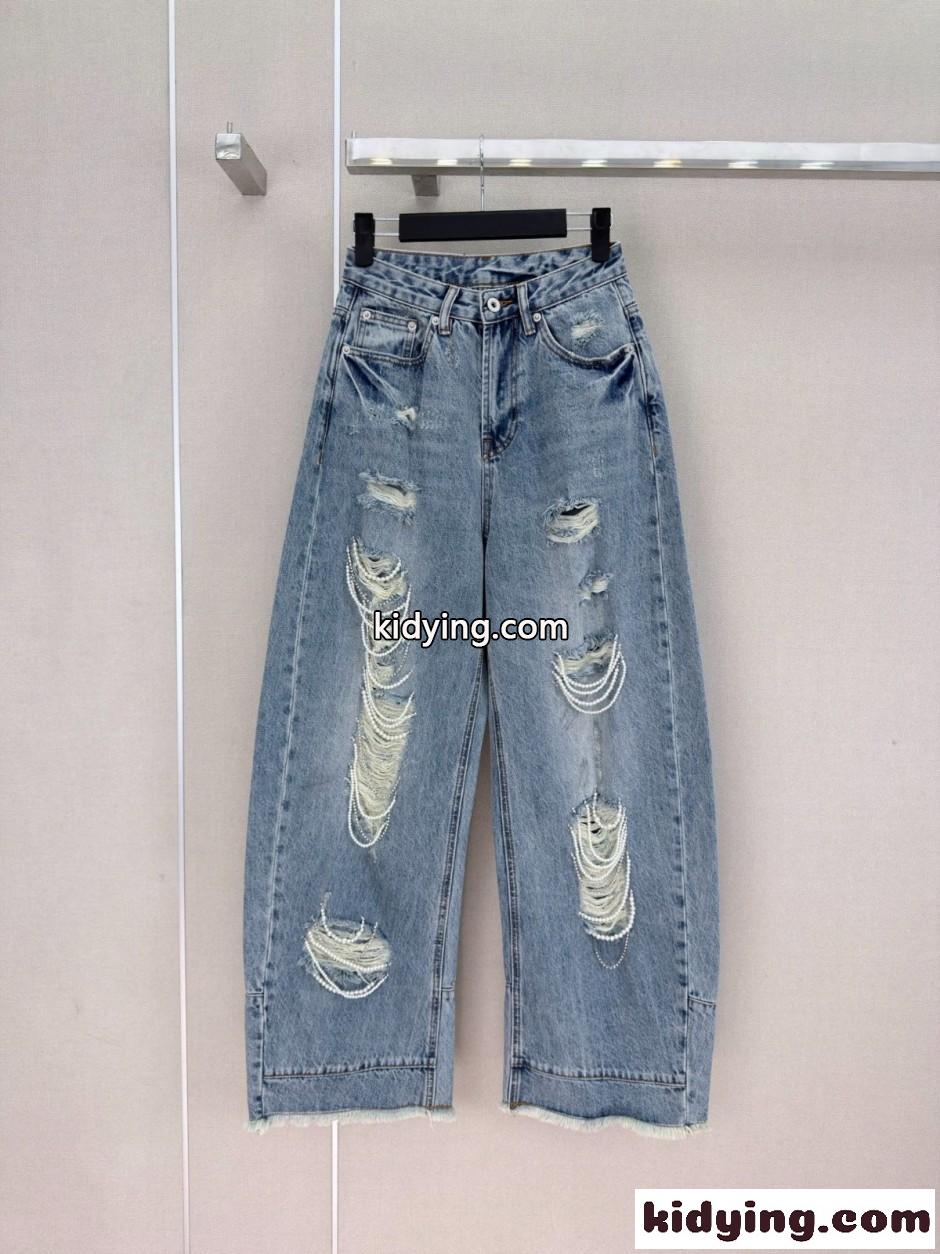 スタイリッシュ ダメージ バレルレッグ デニムパンツ アレキサンダーワング ジーンズ 偽物-0
