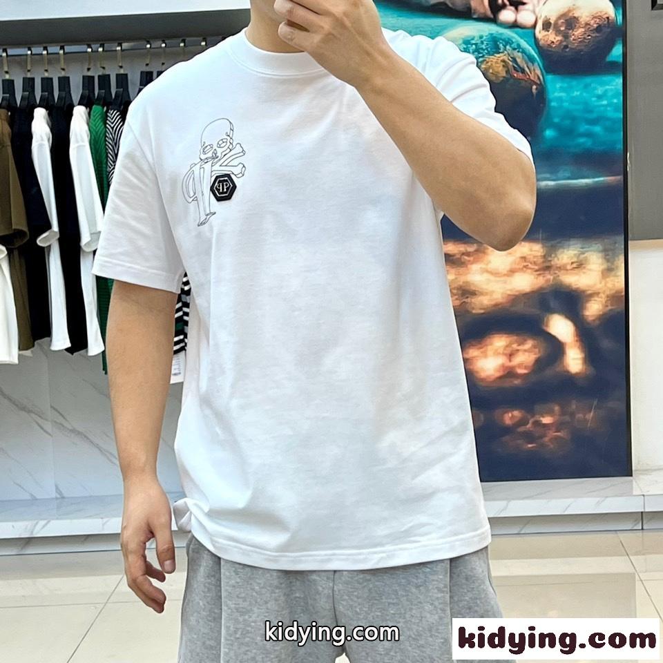 カジュアル コットン プリント フィリッププレイン 半袖Tシャツ コピー ホワイト-1