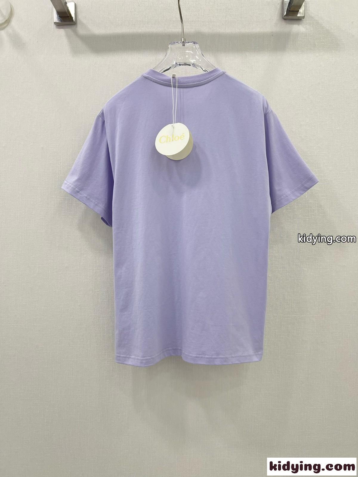 シンプル エレガント 刺繍入り 半袖Tシャツ クロエ Tシャツ コピー パープル-1