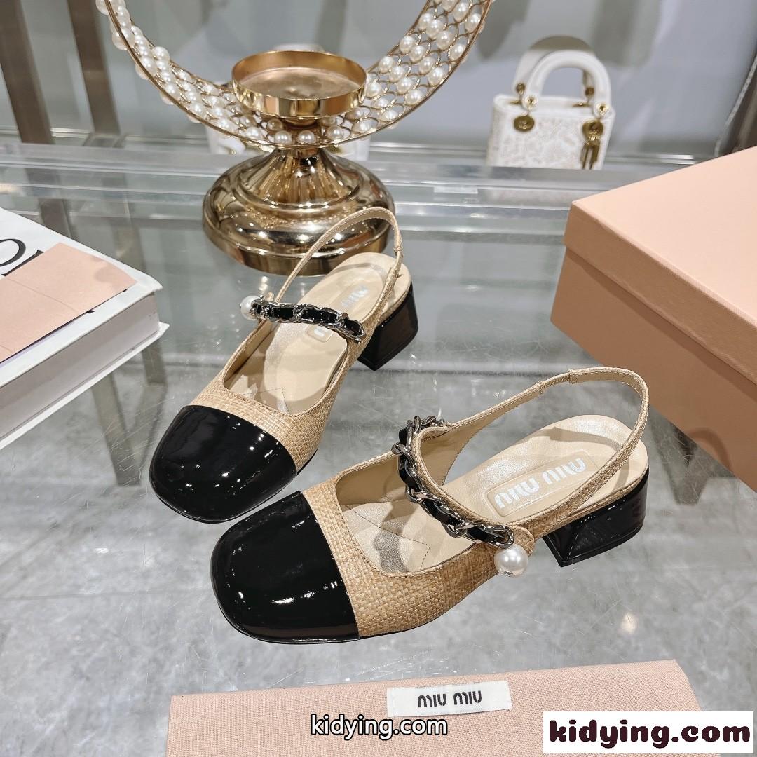 ミュウミュウ パンプス スーパーコピー パテントレザーxラフィア スリングバック パンプス-1