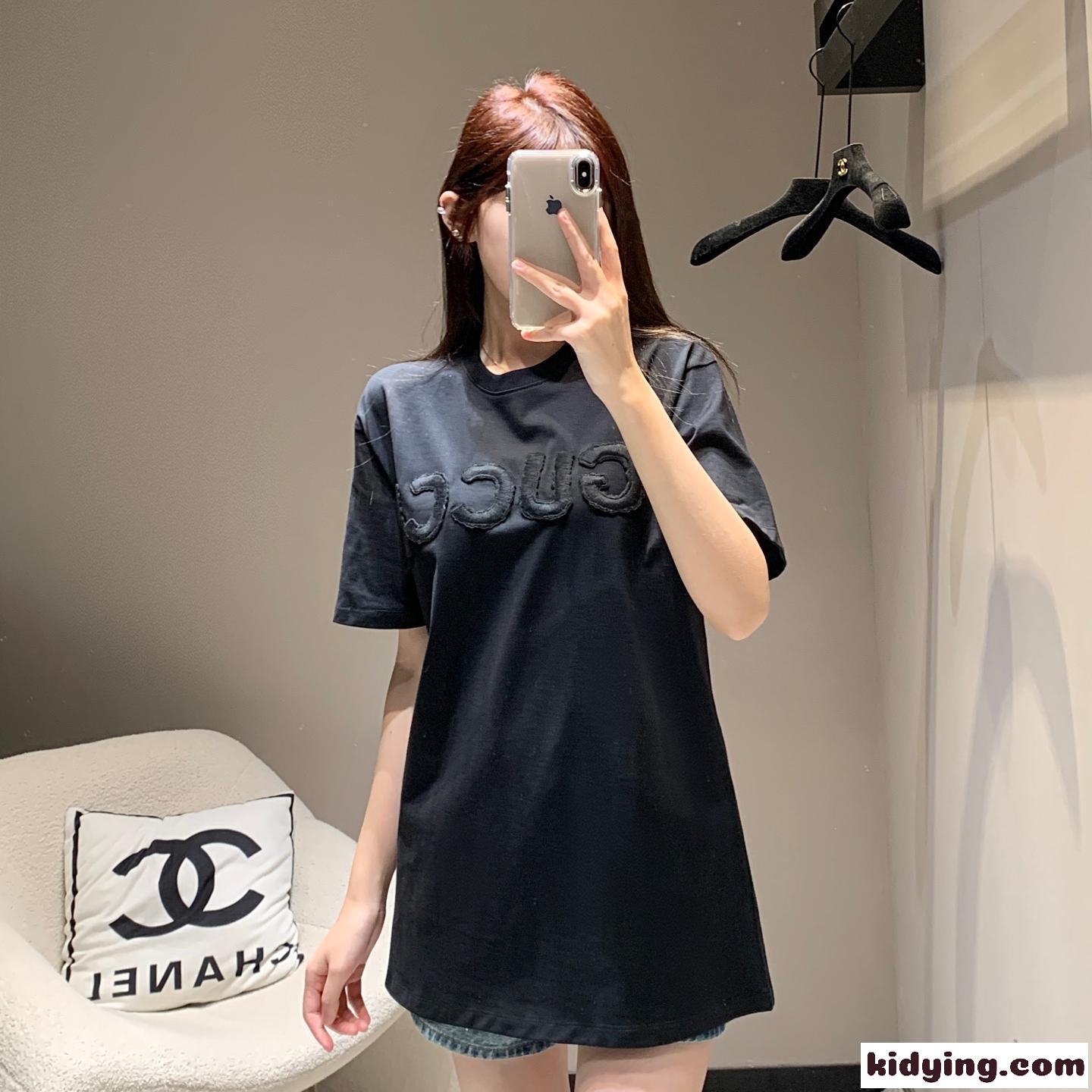 カジュアル ゆったり コットン 半袖Tシャツ グッチ Tシャツ コピー ブラック-0