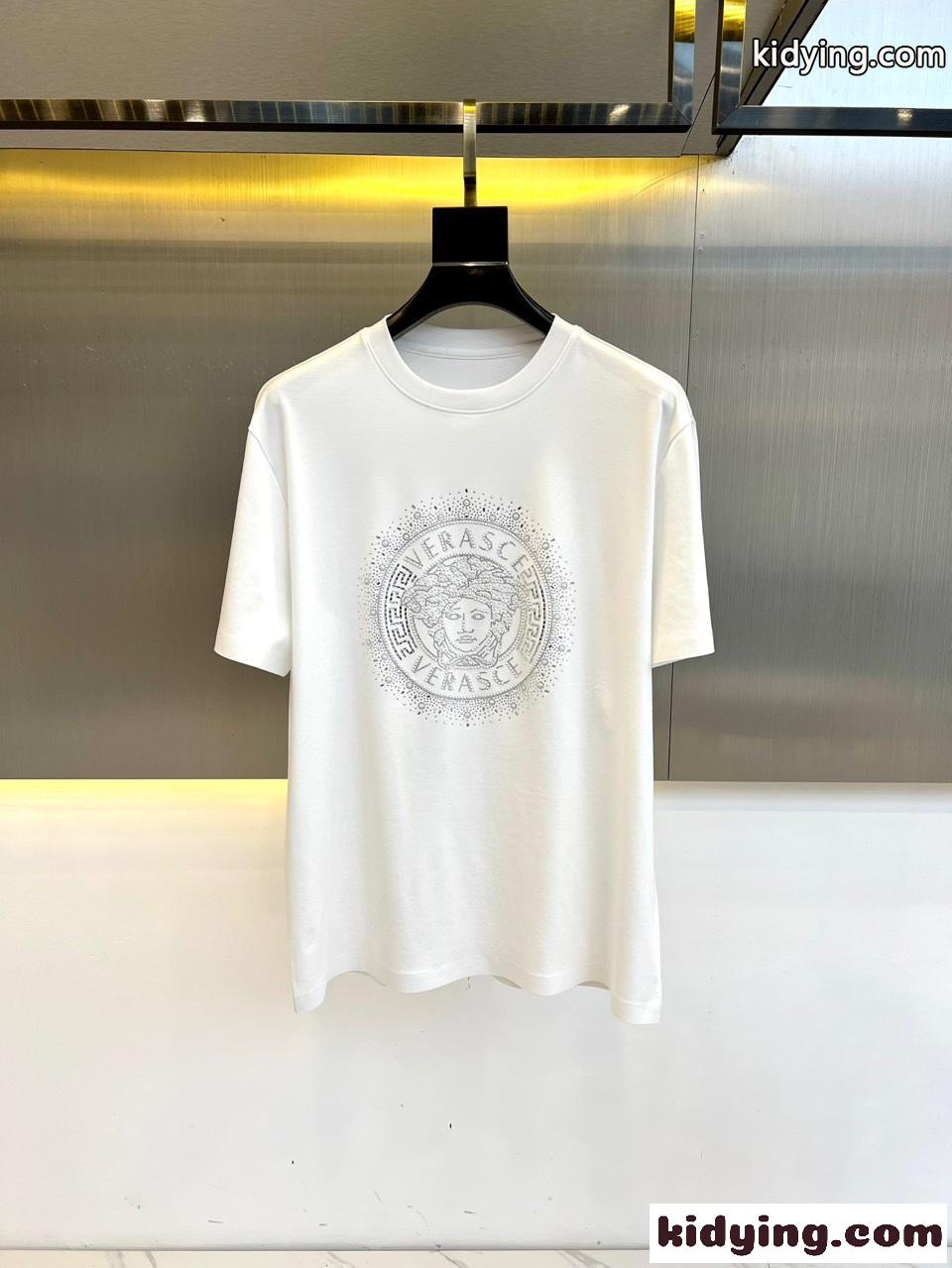 ラインストーンロゴ 半袖Tシャツ ヴェルサーチェ Tシャツ 偽物 ホワイト-0