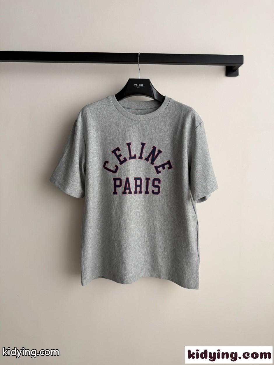 カジュアル 洗練された ロゴ入り コットン セリーヌ Tシャツ 偽物 半袖Tシャツ グレー-0