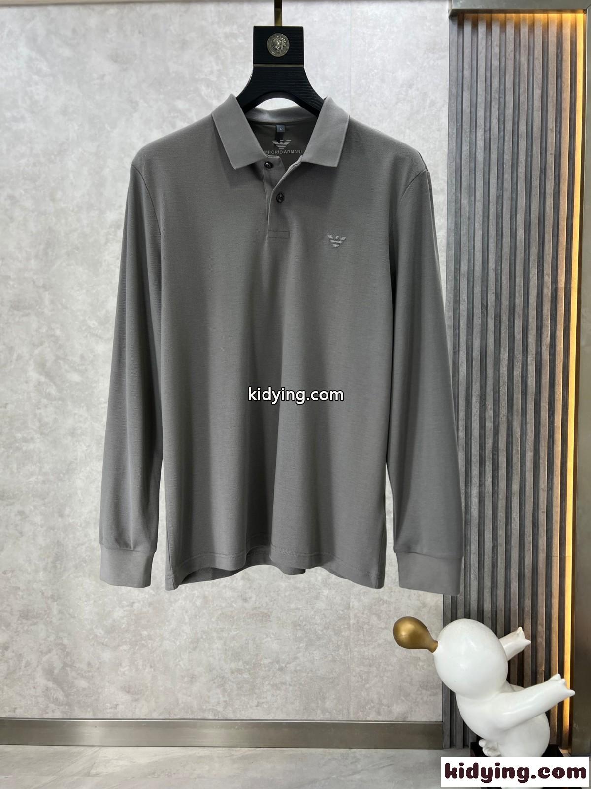 洗練された 快適 ロゴ 長袖 ポロシャツ アルマーニ Tシャツ コピー グレー-0