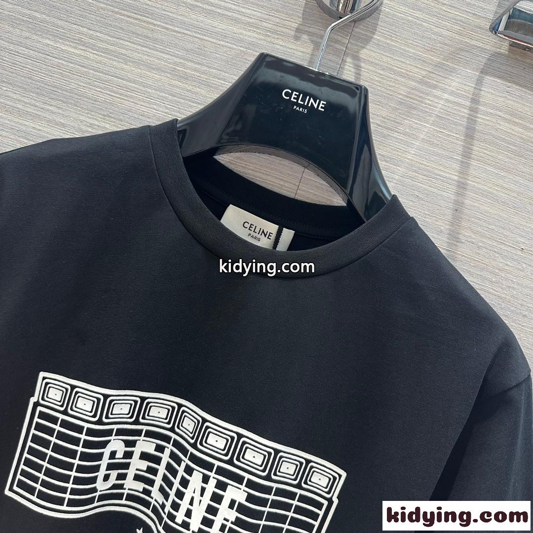 セリーヌ Tシャツ コピー シンプル プリント クルーネック 半袖 コットン ブラック-0