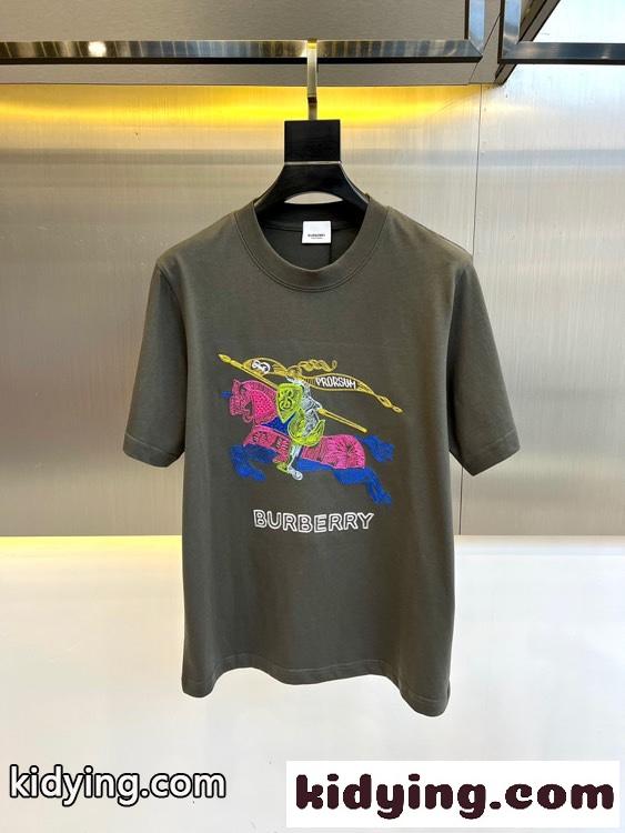 マルチカラー ロゴ刺繍 クルーネック バーバリー 半袖Tシャツ コピー グレー-0