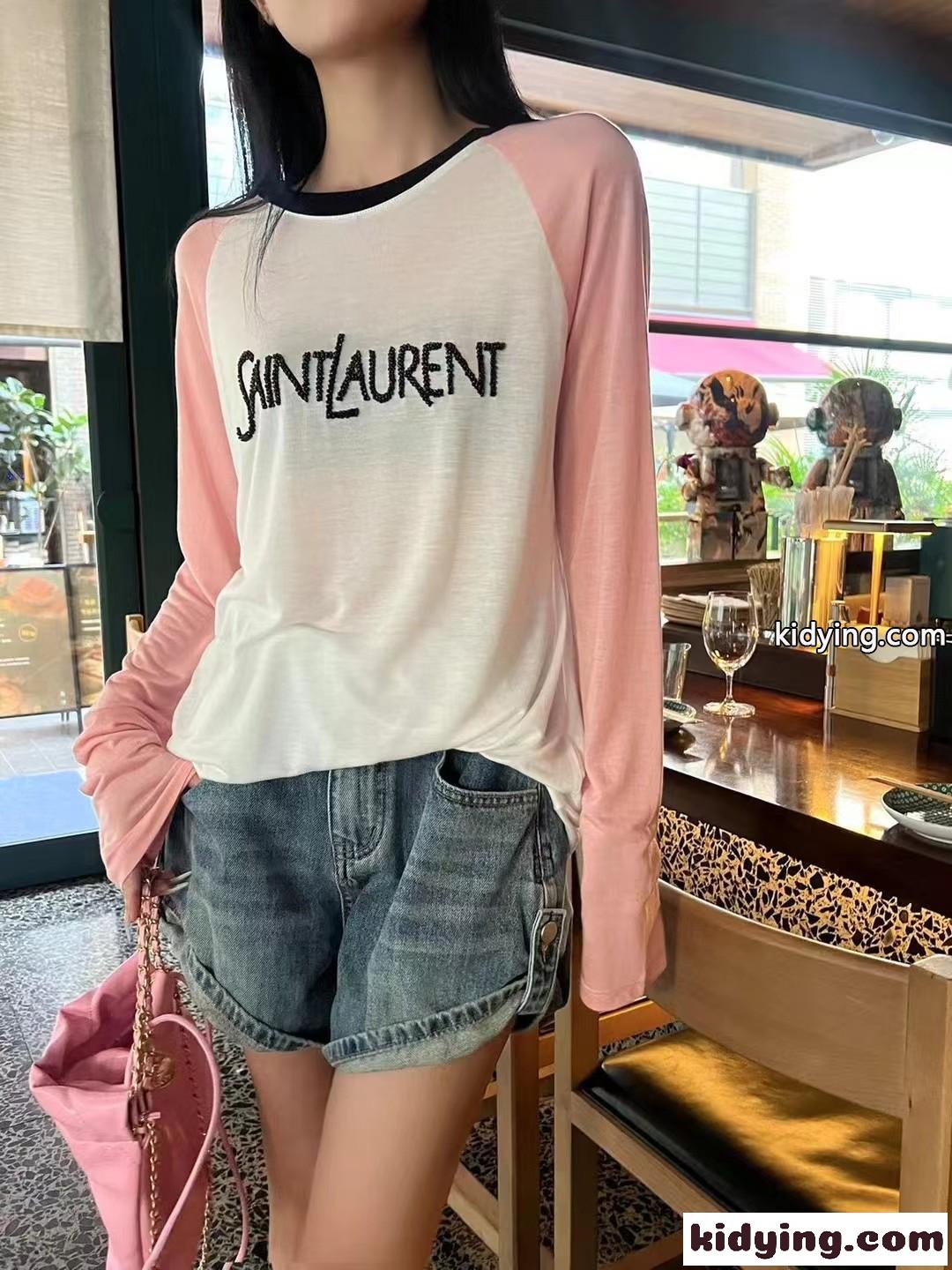 カジュアル 配色 ラグランスリーブ イヴ・サンローラン Tシャツ 偽物 長袖Tシャツ-3