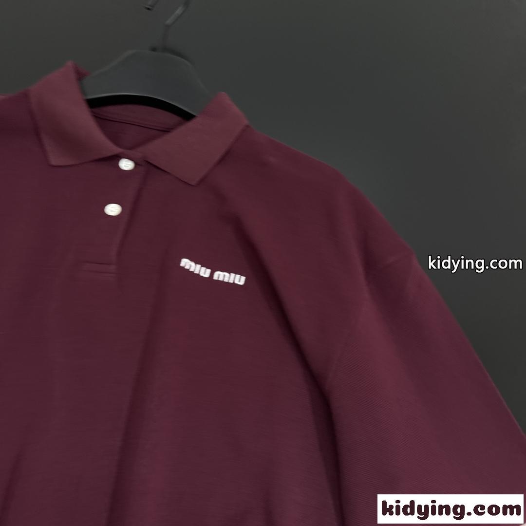 コットンピケ ポロシャツ ミュウミュウ Tシャツ コピー ロングスリーブ ワイン-1