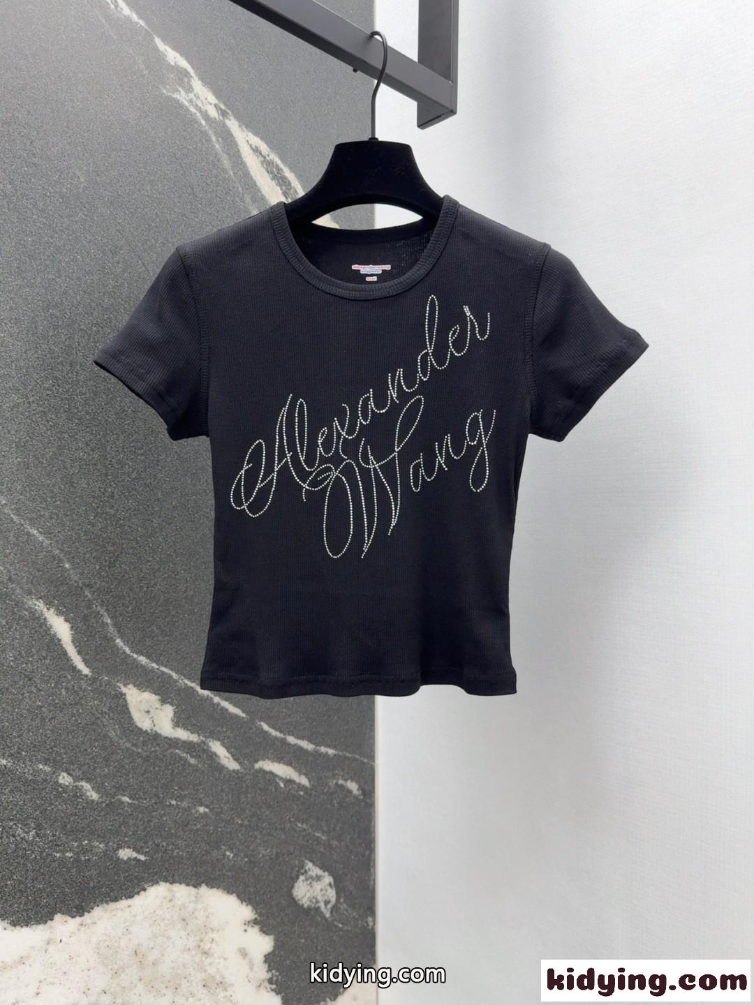 ラインストーンロゴ コンパクト 半袖Tシャツ アレキサンダーワング Tシャツ コピー ブラック-2