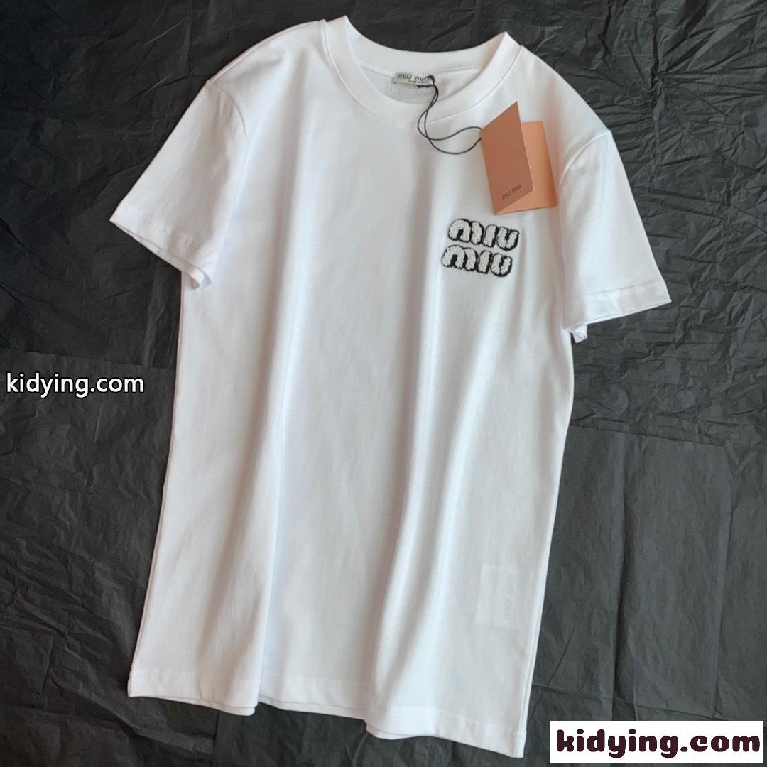 シンプル 定番 ロゴ ゆったり 合わせやすい クルーネック レディース トップス ミュウミュウ 半袖tシャツ コピー 春夏 ホワイト-3