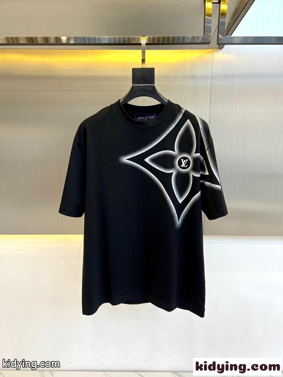 カジュアル ロゴプリント 半袖Tシャツ ルイ・ヴィトン Tシャツ コピー コットン ブラック-0