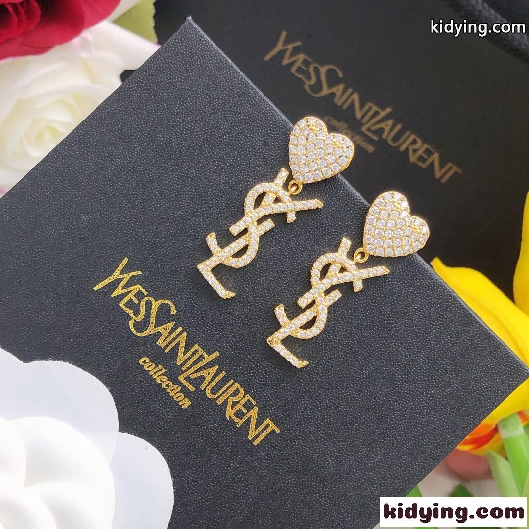 キラキラ ラインストーン YSL モノグラム ハート イヴ・サンローラン ピアス コピー-0
