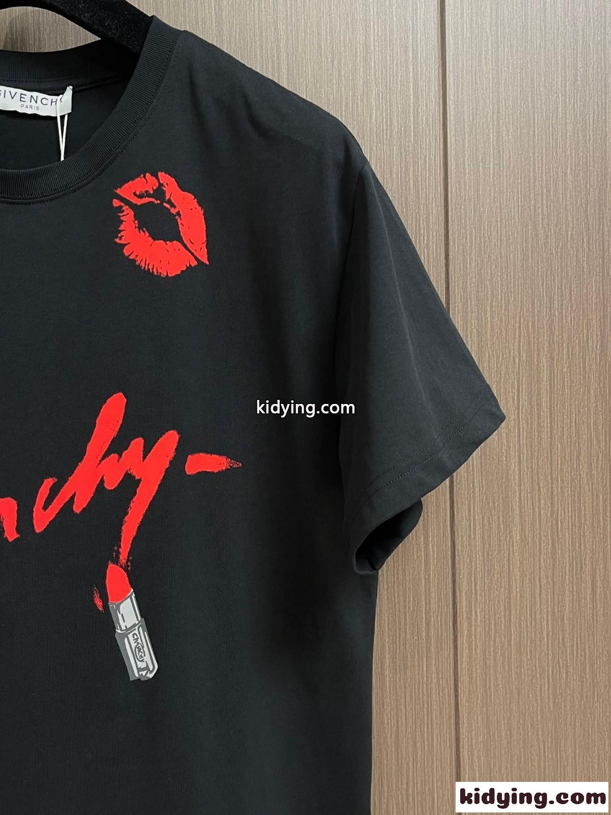 人気 リップスティックプリント Tシャツ ジバンシィ Tシャツ コピー クルーネック ブラック-2