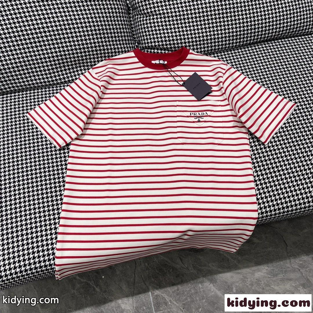 三角ロゴ ストライプ 半袖Tシャツ プラダ Tシャツ コピー クルーネック カジュアル 合わせやすい-1