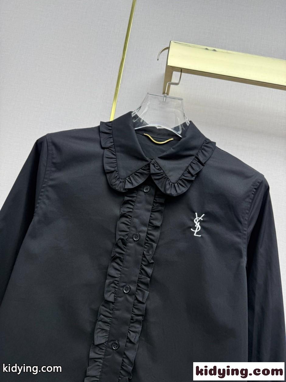 YSL ロゴ刺繍 フリル付き 長袖シャツ イヴ・サンローラン シャツ 偽物 ブラック-1