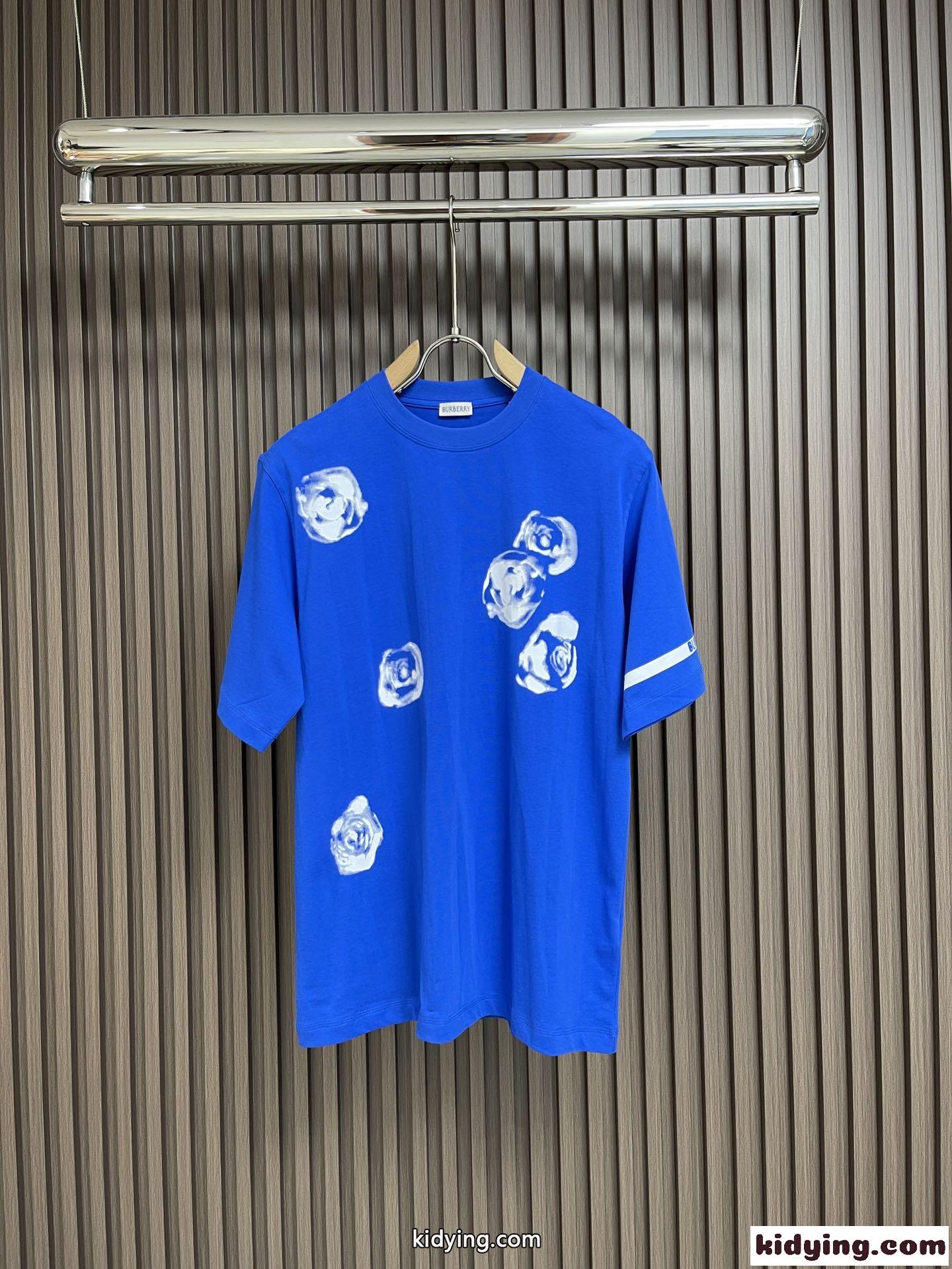 ローズ コットンTシャツ バーバリー 半袖Tシャツ コピー ブルー-0