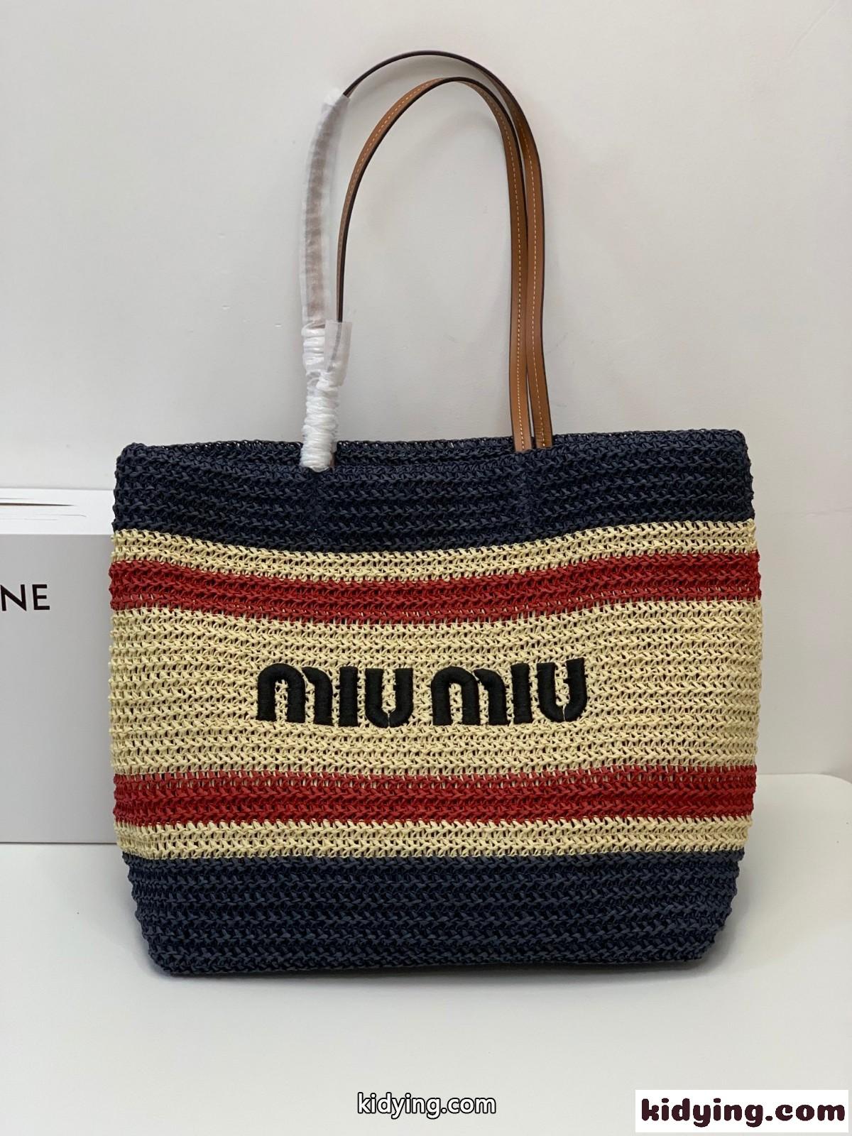 おしゃれ 人気 可愛い ロゴ 刺繍 ミュウミュウ バッグ コピー レディース ラフィア トートバッグ-0