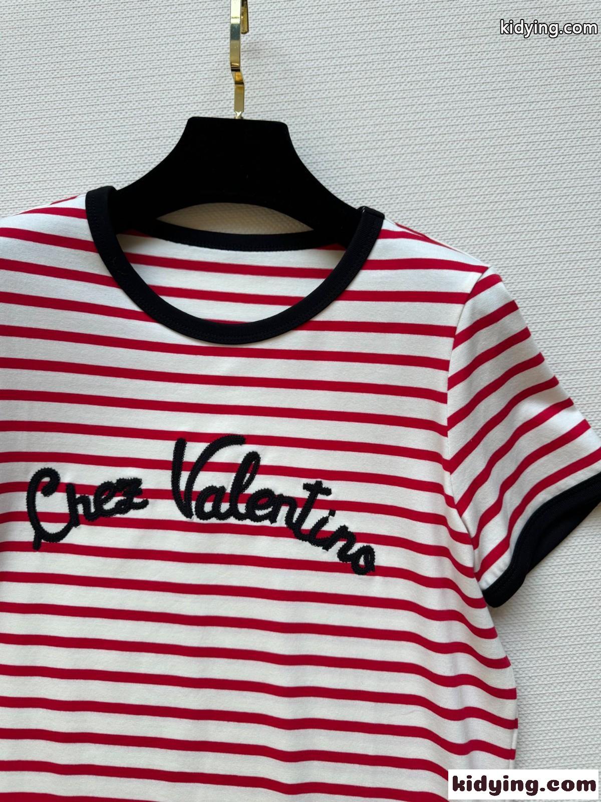 ボーダー柄 コットン 半袖Tシャツ ヴァレンティノ Tシャツ コピー レッド-3