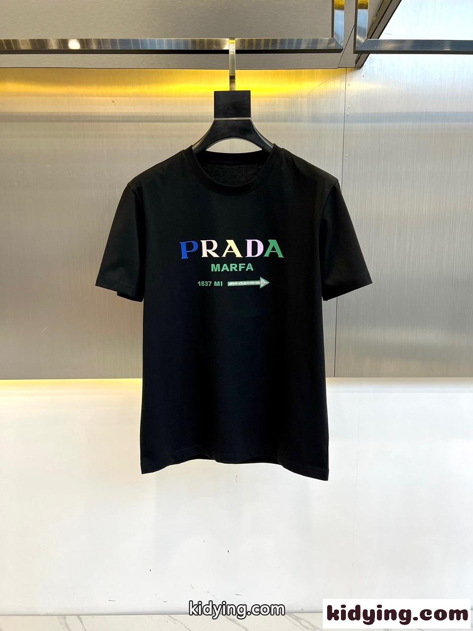 カジュアル ロゴ入り クルーネック プラダ Tシャツ コピー 半袖Tシャツ ブラック-0
